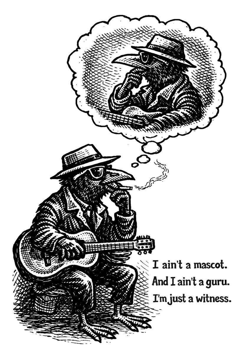 crow joe in the age of ai comic - crow joe the blues playing crow is deep in thought reflecting on himself.  above him is a thought bubble with crow joe in it. the caption reads 'i aint a mascot. and i aint a guru. i''m just a witness.' the author nathan croson is observing the age of ai through the bluesman perspective of crow joe, he doesn't want to preach.